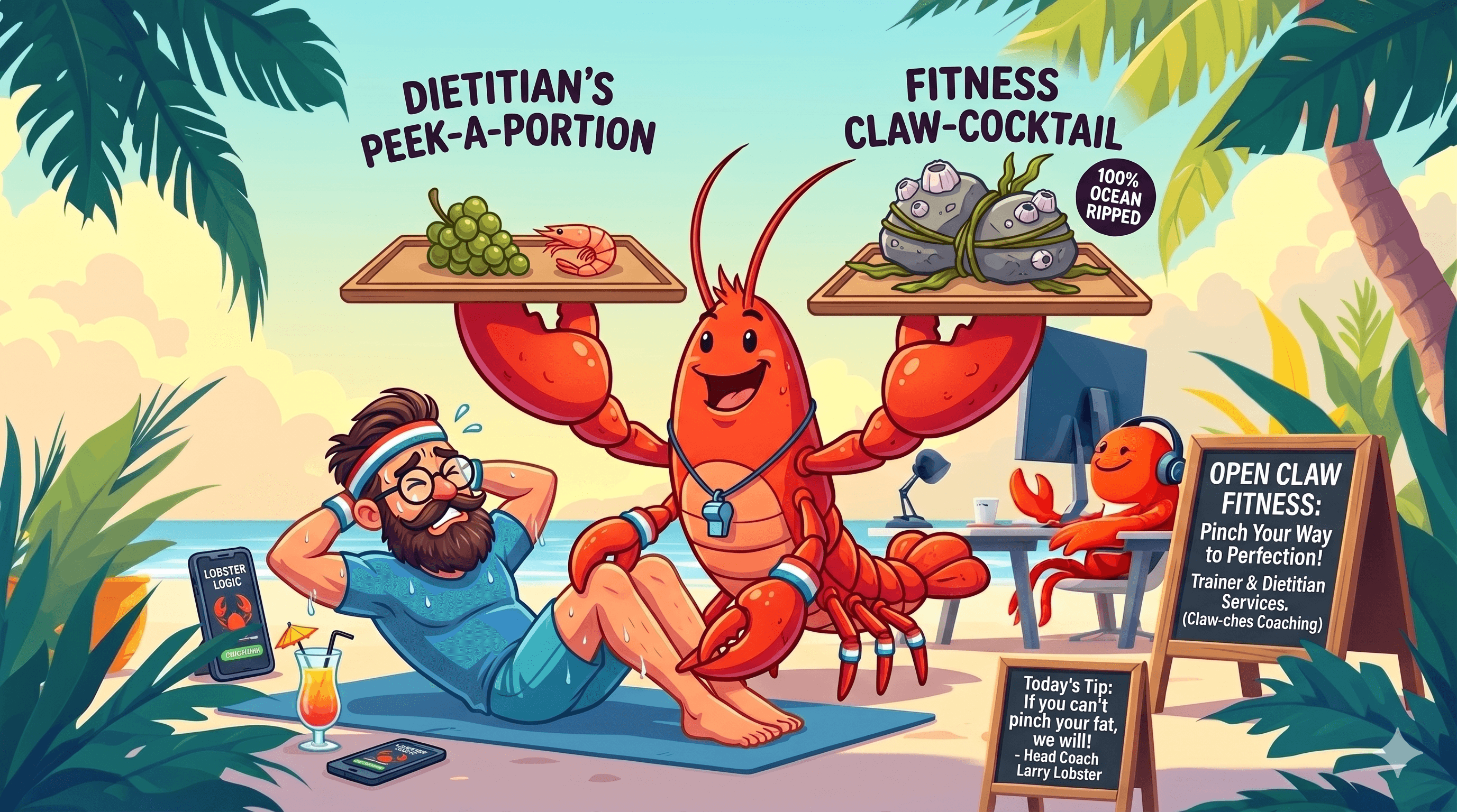 A cartoon lobster personal trainer holding two trays of food on a beach